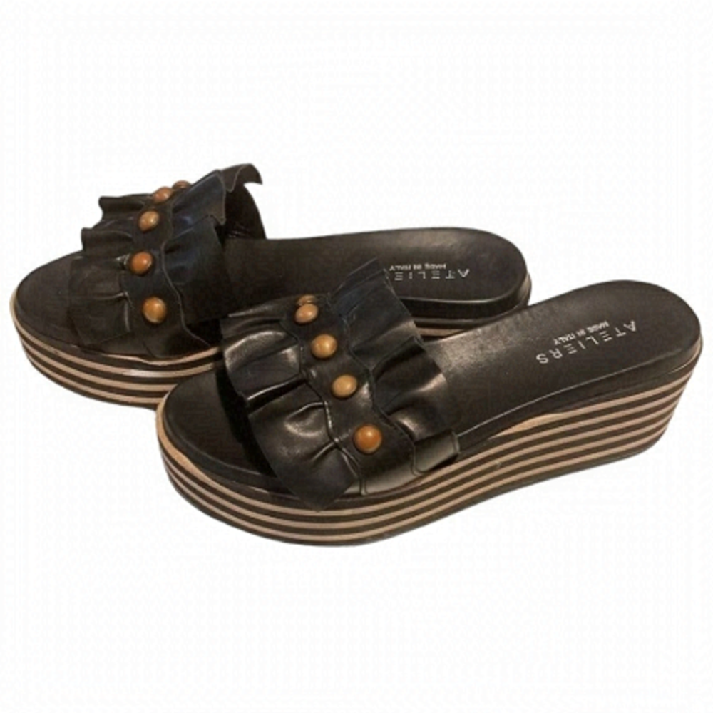 𝅺ateliers platform striped ruffle studded leather sandal made in Italy sz 39